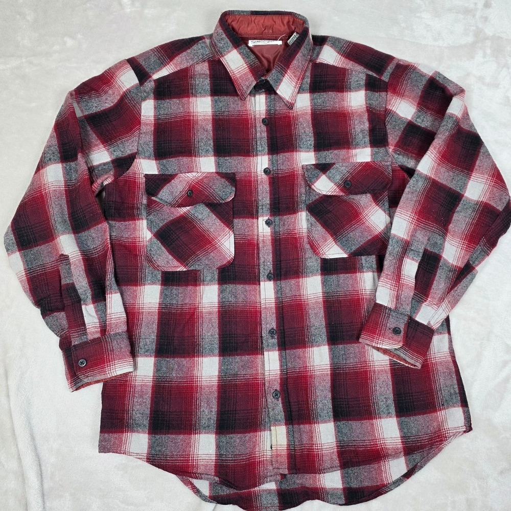 VINTAGE Sears Roebuck Flannel Shirt Mens M Red Black‎ Plaid Long Sleeve Workwear